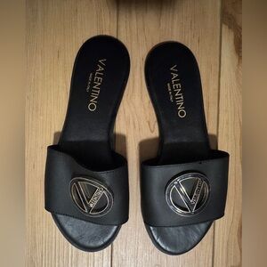 Valentino Black Slide Sandals with Gold Logo